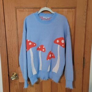 Miss Sparkling Whimsical Blue Sweater with Mushroom Design